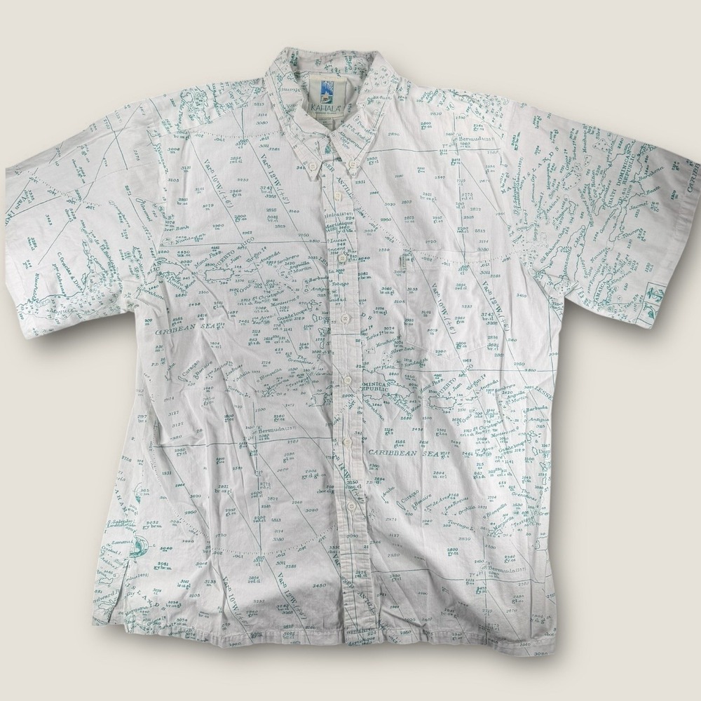 Kahala Hawaii Cotton Aloha Shirt XL White Teal Caribbean Sea Nautical Map